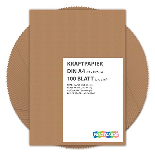 Partycards Kraftpapier braun 280 g/m² – Naturkarton in hochwertiger Qualität als Bastelpapier, Kartonpapier, Fotokarton, Hochzeitskarten (DIN A4, 100 Blatt) von Partycards