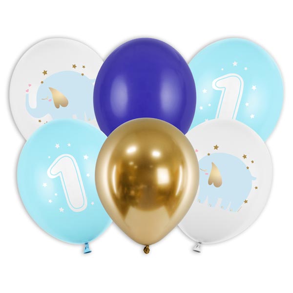 6 Luftballons in blau, weiß und gold zum 1. Geburtstag, 30cm 6 Luftballons in blau, weiß und gold zum 1. Geburtstag, 30cm