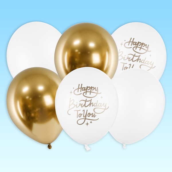 6 Party-Ballons in weiß und gold "Happy Birthday to you", 30cm 6 Party-Ballons in weiß und gold "Happy Birthday to you", 30cm von Partydeco