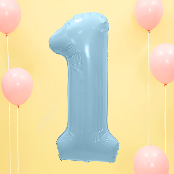 Folienballon Zahl 1 in hellblau, 86cm hoch, heliumgeeignet von Partydeco