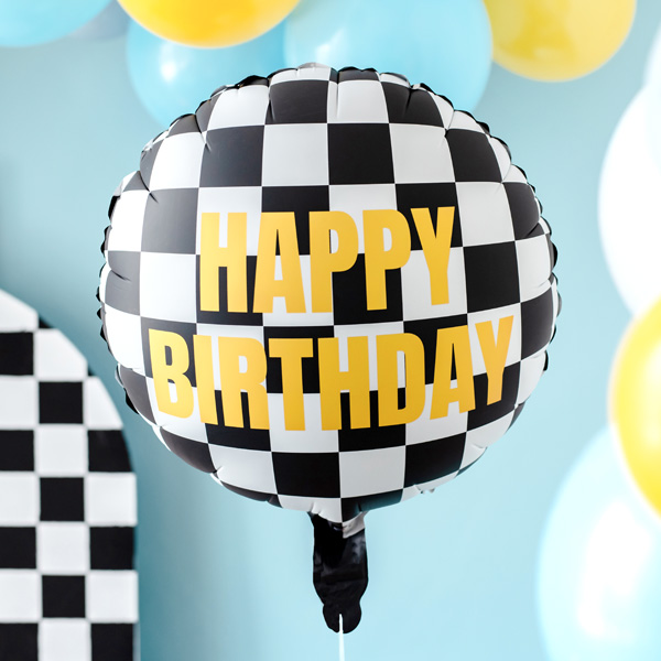 Happy Birthday Folienballon mit Zielflaggen-Muster, Ø 35cm Happy Birthday Folienballon mit Zielflaggen-Muster, Ø 35cm von Partydeco
