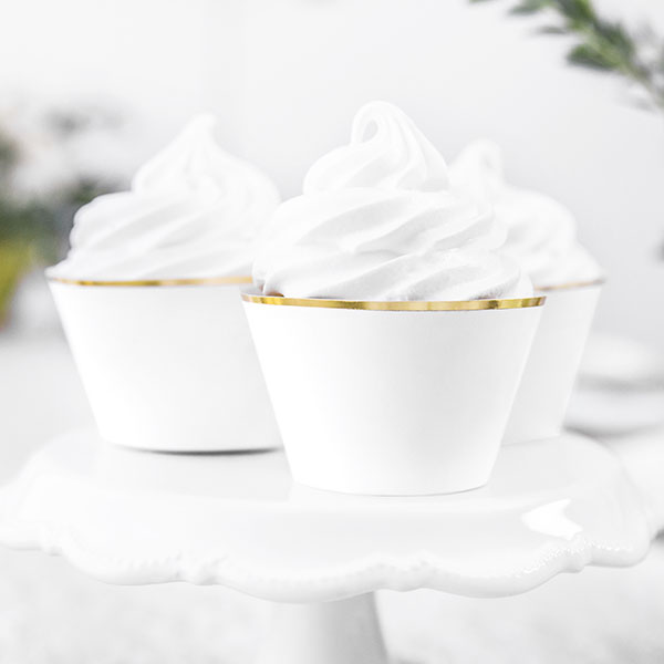 Muffinbanderolen in weiß mit Goldrand, 6er Pack, 4,8cm x 7,6cm von Partydeco