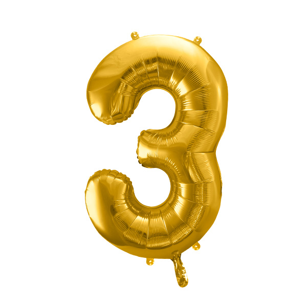 XXL Zahlenballon "3" zum 3. Geburtstag in gold, 86cm hoch von Partydeco