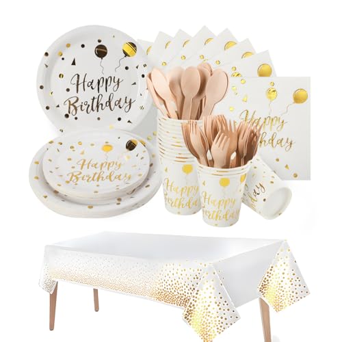 141 pieces Happy Birthday partygeschirr Set | Weiß gold pappteller geburtstag partygeschirr geschirrset, Tablecloth, Plates, Cups, Napkins,Party For Birthdays Aus 100% Papier(20 Gästes) von Partyhausy