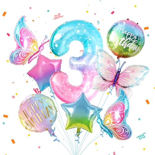 3 Schmetterling Geburtstag Deko Mädchen,8pcs Bunt Schmetterlinge Folienballon 3，Zahlen Luftballon 3 Jahre Geburtstagsdeko für 3. Geburtstag Mädchen Deko von Partyhausy