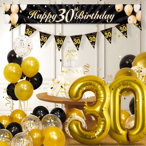 30 Geburtstag Deko, Schwarzes Gold 30. Geburtstags Dekoration Mann Frau,30. Happy Birthday Banner,Zahl Luftballons 30,Schwarzes Gold Konfetti Luftballons,Feuerwerk Dreieckiges Flaggenbanner von Partyhausy