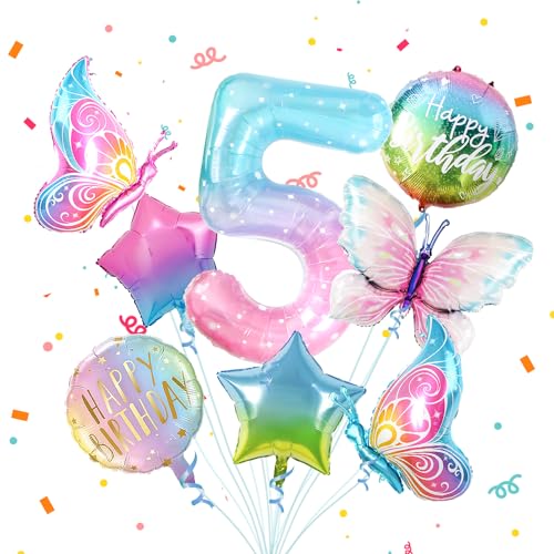 5 Schmetterling Geburtstag Deko Mädchen,8pcs Bunt Schmetterlinge Folienballon 5，Zahlen Luftballon 5 Jahre Geburtstagsdeko für 5. Geburtstag Mädchen Deko von Partyhausy
