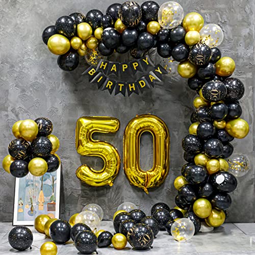 50 Geburtstag Deko, 50 Geburtstag Mann Frauen, 50 Jahre Geburtstagdeko, Happy Birthday Girlande Ballon Schwarz Gold Dekoration, Deko 50 Geburtstag Konfetti Luftballons Birthday Party von Partyhausy