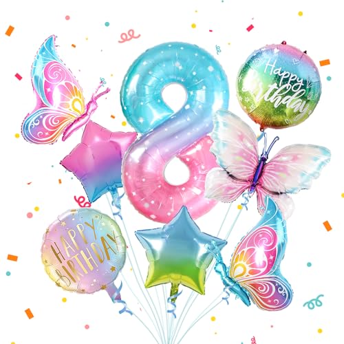 8 Schmetterling Geburtstag Deko Mädchen,8pcs Bunt Schmetterlinge Folienballon 8，Zahlen Luftballon 8 Jahre Geburtstagsdeko für 8. Geburtstag Mädchen Deko von Partyhausy