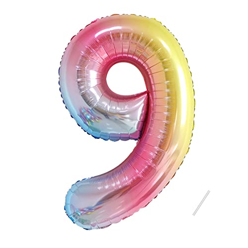 Geburtstag zahlen luftballon 9 jahre | Folienballon 9 XXL Regenbogen Farbverlauf-Riesen Folienballon in 40" - 101cm Geburtstagsdeko - Ballon Zahl Deko zum Geburtstag - fliegt mit Helium von Partyhausy