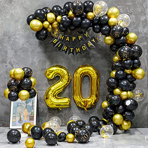 20 Geburtstag Deko, 20 Geburtstag Frauen Männer,20 Jahre Geburtstagdeko, Happy Birthday Girlande Ballon Schwarz Gold Dekoration, Deko 20 Geburtstag Luftballons Birthday Party von Partyhausy