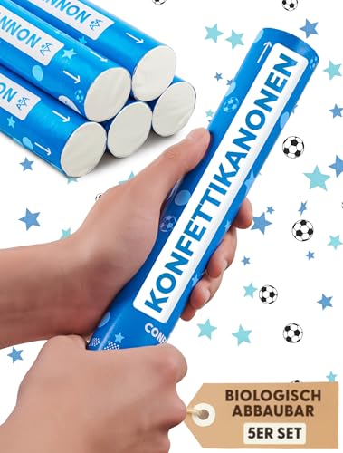 Partyjoker 5 Konfettikanonen für Kinder Geburtstag für Jungen – mit Fußball und Sternen in Blau – Biologisch Abbaubares FSC® Konfetti – Einfach und Sicher - Blue-Themed von Partyjoker