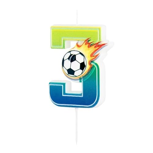 Partypal Zahlenkerze * Fussball * in den Zahlen 0-9 als Deko für Kindergeburtstag | ca. 11x4cm, mit Steckfuß | Fußball Tortendeko Kinder Geburtstag Geburtstagskerze Kuchen Kerzen, Stil: Zahl 3 von Partypal