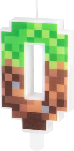 Zahlenkerze * PIXEL + MINER * in den Zahlen 0-9 als Deko für Kindergeburtstag | ca. 9,5x4,5cm, mit Steckfuß | Tortendeko Kinder Geburtstag Geburtstagskerze Kuchen Kerzen, Stil: Zahl 0 von Partypal
