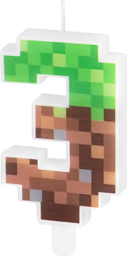 Zahlenkerze * PIXEL + MINER * in den Zahlen 0-9 als Deko für Kindergeburtstag | ca. 9,5x4,5cm, mit Steckfuß | Tortendeko Kinder Geburtstag Geburtstagskerze Kuchen Kerzen, Stil: Zahl 3 von Partypal