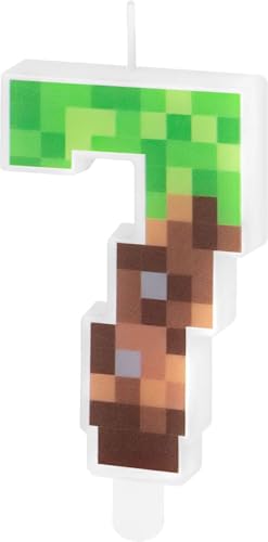 Zahlenkerze * PIXEL + MINER * in den Zahlen 0-9 als Deko für Kindergeburtstag | ca. 9,5x4,5cm, mit Steckfuß | Tortendeko Kinder Geburtstag Geburtstagskerze Kuchen Kerzen, Stil: Zahl 7 von PartyPal