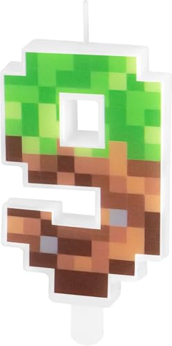 Zahlenkerze * PIXEL + MINER * in den Zahlen 0-9 als Deko für Kindergeburtstag | ca. 9,5x4,5cm, mit Steckfuß | Tortendeko Kinder Geburtstag Geburtstagskerze Kuchen Kerzen, Stil: Zahl 9 von Partypal