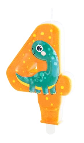 Zahlenkerzen * SÜSSER DINO * mit Steckfuß als Deko für Kindergeburtstag | ca. 11x5,5cm | T-Rex Dinos Dinosaurier Tortendeko Kinder Geburtstag Geburtstagskerze Zahlen Kerzen, Farbe: Dino, Größe: Zahl 4 von Partypal