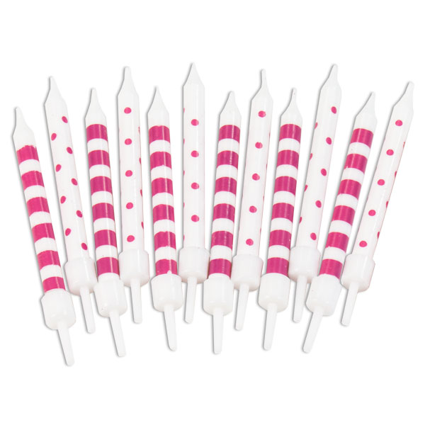 Mini-Kerzen, Pink-Weiß gestreift, 12er Pack von Partystrolche