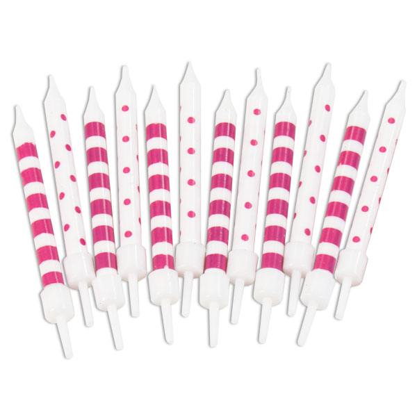 Mini-Kerzen, Pink-Weiß gestreift, 12er Pack Mini-Kerzen, Pink-Weiß gestreift, 12er Pack von Partystrolche