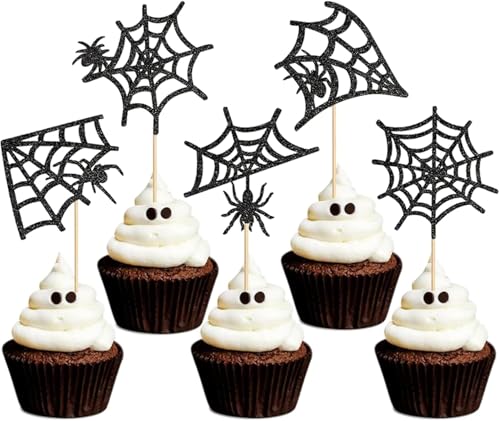 10 Stück Halloween Tortendeko Spinne Cupcake Topper, Glitzer Kuchen Spinnennetz Cupcake Deko,Schwarz Spinnenthema Tortendeko für Halloweenparty Horror Themed Party (Halloween) von Partyzeit