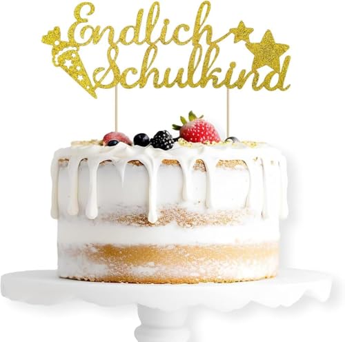2025 Endlich Schulkind Torten Topper Glitzernd, Kuchendeko Schulanfang, für Schuleinführung Einschulung Schulanfang von Jungs und Mädchen Topper Kuchendeckel (Golden) von Partyzeit