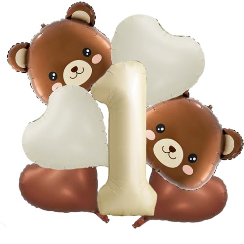 Bär Geburtstagsdeko 1 Jahr Junge Mädchen, 7 Stk Luftballon 1. Geburtstag, Bären Deko 1. Geburtstag Jungen, Bär Luftballons und Herz Folienballon 1 Geburtstags Deko (1 Jahr alt) von Partyzeit
