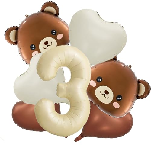 Bär Geburtstagsdeko 1 Jahr Junge Mädchen, 7 Stk Luftballon 1. Geburtstag, Bären Deko 1. Geburtstag Jungen, Bär Luftballons und Herz Folienballon 1 Geburtstags Deko (3 Jahr alt) von Partyzeit