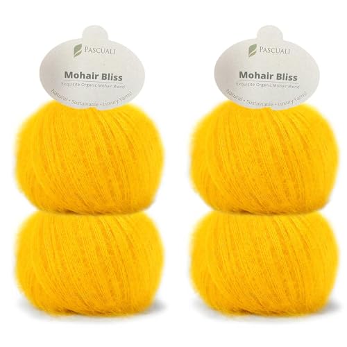 PASCUALI | Mohair Bliss |Strickwolle aus 60% Mohairwolle (Kid Mohair) 40% Seide Wolle Mohairgarn zum Stricken und Häkeln, SET: 4 Knäuel - 100g - Farbe:Zitrone 821 von Pascuali