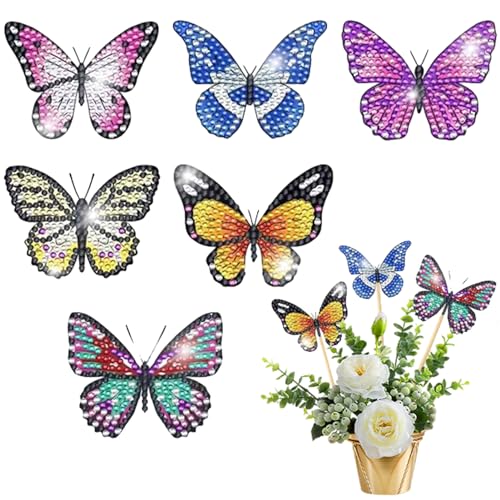 Pasdrucn 6 Stück Diamond Painting Schmetterling, Diamond Painting Art für Garten Dekor, Diamond Painting Gartenstecker, Schmetterling Diamant Painting Ornaments Zubehör, DIY Basteln Ornaments(Satz 4) von Pasdrucn