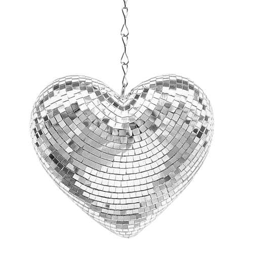 Pasdrucn Herzförmige Discokugel Mit 40cm Aufhängkette, Disco-Herz-Dekoration, Herz Diskokugel Deko, Disco Kugel Deko, Discokugel Kinder, Discokugel Deko Topf Für Party Büro (Silber,15cm) von Pasdrucn