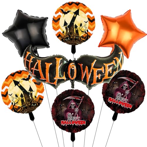 7 Stück Halloween-Party-Dekorationen, coole Fledermaus-Luftballons, Skelett, Schloss, Fledermaus, Stern-Folienballon, Halloween-Ballons für Jungen und Mädchen, Geburtstag, Babyparty, Maskerade 7 Stück Halloween-Party-Dekorationen, coole Fledermaus-Luftballons, Skelett, Schloss, Fledermaus, Stern-Folienballon, Halloween-Ballons für Jungen und Mädchen, Geburtstag, Babyparty, Maskerade von Pasiihol