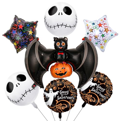 7-teiliges Halloween-Folienballon-Dekorationsset, inklusive Fledermaus-Kürbis, Geist, Totenkopf-Ball, schwarz-weiß bedruckte Stern-Folienballons für Halloween, Geburtstag, Babyparty, Maskerade 7-teiliges Halloween-Folienballon-Dekorationsset, inklusive Fledermaus-Kürbis, Geist, Totenkopf-Ball, schwarz-weiß bedruckte Stern-Folienballons für Halloween, Geburtstag, Babyparty, Maskerade von Pasiihol