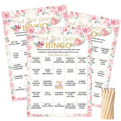 Pasimy Bingo-Karten "Find the Guest", mit 20 Bleistiften, Brautparty, Hochzeit, Bingo-Spiel, rosa Blume, Teeparty, Aktivitätszubehör für Verlobung, Geburtstag, Babyparty, Junggesellinnenabschied, 12,7 Pasimy Bingo-Karten "Find the Guest", mit 20 Bleistiften, Brautparty, Hochzeit, Bingo-Spiel, rosa Blume, Teeparty, Aktivitätszubehör für Verlobung, Geburtstag, Babyparty, Junggesellinnenabschied, 12,7 von Pasimy