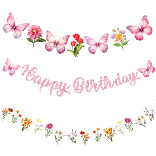 3 x Wildblumen-Happy Birthday-Banner, rosa Wildblumen-Schmetterling, Geburtstagsparty-Dekorationen, Girlande, Blume, Schmetterling, Themenbanner für Frauen, Mädchen, Geburtstag, Babyparty 3 x Wildblumen-Happy Birthday-Banner, rosa Wildblumen-Schmetterling, Geburtstagsparty-Dekorationen, Girlande, Blume, Schmetterling, Themenbanner für Frauen, Mädchen, Geburtstag, Babyparty von Pasonly