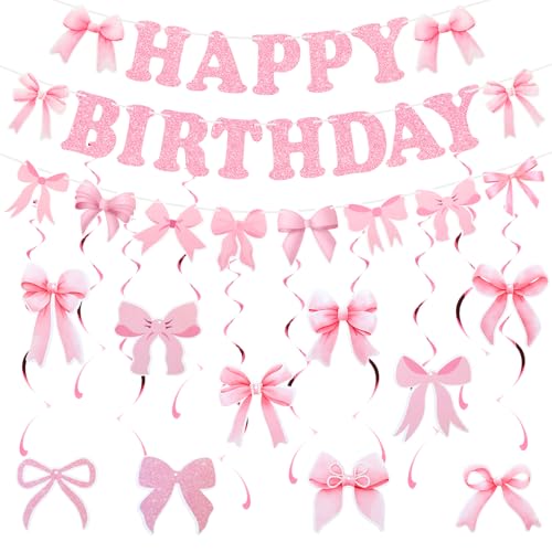 Rosa Schleife Geburtstag Party Dekorationen, Mädchen Themed Party Dekorationen mit Happy Birthday Banner, Schleife Girlande und hängenden Wirbeln für Mädchen Frauen Baby Dekoration Rosa Schleife Geburtstag Party Dekorationen, Mädchen Themed Party Dekorationen mit Happy Birthday Banner, Schleife Girlande und hängenden Wirbeln für Mädchen Frauen Baby Dekoration von Pasonly