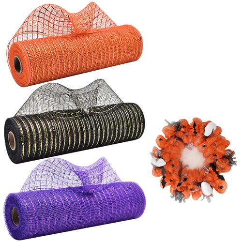 Halloween Deco Mesh 3 Rolls 10in x 30 Fuß Maschenband mit metallischen Folienschnitzel Deco 10 Zoll Brötchen DIY -Band für Kränze, Handwerk, Mittelstücke, Party -Dekor, Stil 1, Weihnachtsdekoration von Pastoralist