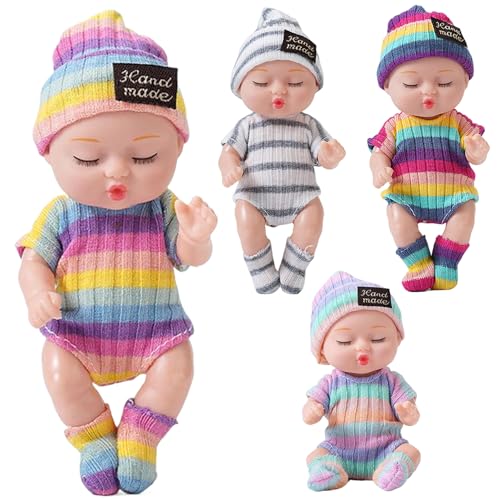 Mini Babypuppen 4pcs 4 Zoll realistisch schlafend kleine Babypuppen mit Kleidung auf 4 Farben bewegliche Gelenk winzige Puppe, Geschenke für Mädchen, gestreifte Kleidung, Weihnachtsdekorationen Mini Babypuppen 4pcs 4 Zoll realistisch schlafend kleine Babypuppen mit Kleidung auf 4 Farben bewegliche Gelenk winzige Puppe, Geschenke für Mädchen, gestreifte Kleidung, Weihnachtsdekorationen von Pastoralist