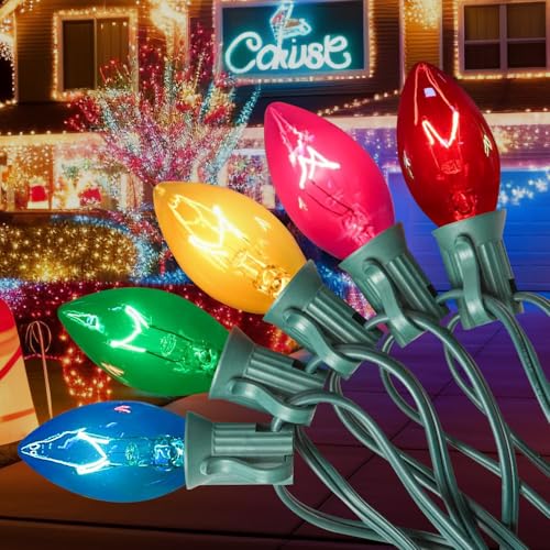 Mehrfarbige Weihnachtsbeleuchtung, C9, für den Außenbereich, mit 26 bunten Glühbirnen aus klarem Glas (1 Ersatz), hängende Vintage-Weihnachtslichterkette für Weihnachtsbaum, Garten, Party, Dekoration von Pasuto