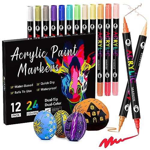 Patamiyar Acrylstifte für Steine Wasserfest, 24 Farben/12 Stifte Dual Tip Acrylfarben Stifte Steine Bemalen Set Acrylstifte für Steine Holz Glas Leinwand Papier Keramik DIY Fotoalben von Patamiyar