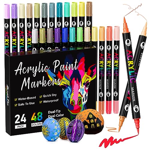 Patamiyar Acrylstifte für Steine Wasserfest, 48 Farben/24 Stifte Dual Tip Acrylfarben Stifte Steine Bemalen Set Acrylstifte für Steine Holz Glas Leinwand Papier Keramik DIY Fotoalben von Patamiyar