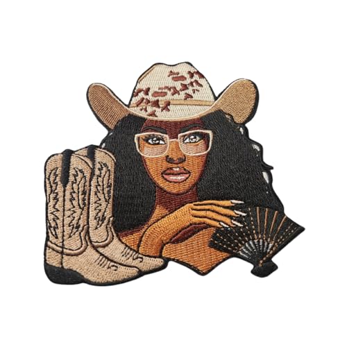 Patch Party Club (1 Stück) 10,2 cm Cowgirl Glam bestickter Aufnäher zum Aufbügeln für Hüte, Jacken, Schuhe und mehr, Western-Aufnäher mit Stiefeln und Afro-Frauen-Design von Patch Party Club