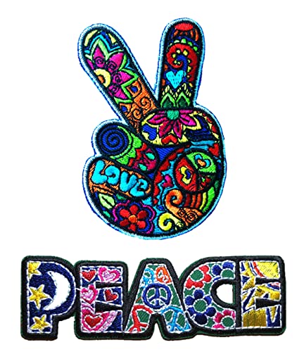 2 Stück Set Peace Hand Zeichen + Peace Buchstaben Aufnäher – Aufnähen – Retro Hippie Patches, niedliche Applikation für Jacken, Jeans, Kleidung, Rucksäcke, Tragetaschen von PatchClub