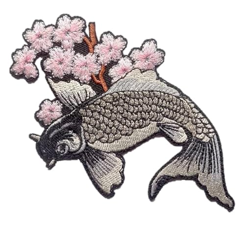 Koi-Fisch-Aufnäher, bestickt, silberfarben, zum Aufbügeln, 11,4 x 7 cm, traditioneller japanischer Stil für Jeans, Jacken (Fisch) von PatchClub