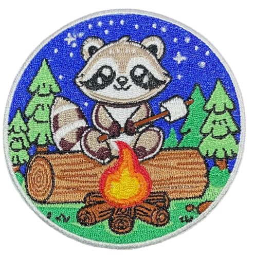 PatchClub Aufnäher mit süßem Waschbär zum Braten von Marshmallow, Camping, 8 cm, zum Aufbügeln oder Aufnähen, Aventure Patch (Waschbär) von PatchClub