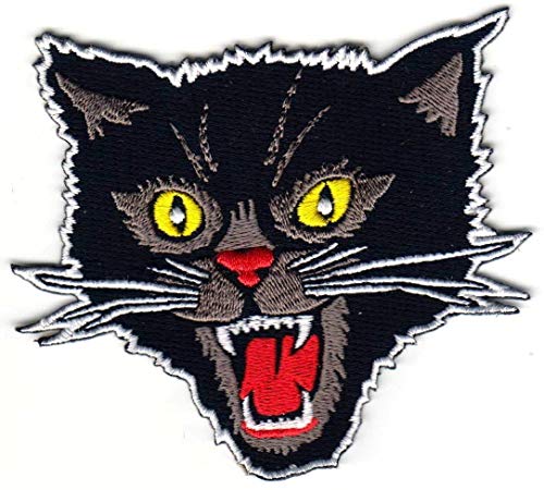 PatchClub Black Cat Patch Iron On/Sew on - Screaming Rockabilly Cat Patch Punk Patches für Jacke, Weste, Jeans, Rucksack von PatchClub