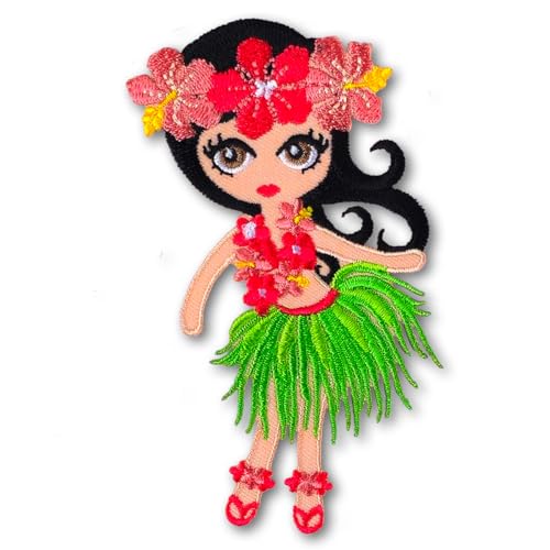 PatchDeeDee Aufnäher, Motiv: Hawaiianisches Mädchen mit Blumen, Tänzerin, Dame, Hula, Tanzende Aloha, zum Aufbügeln oder Aufnähen, bestickt, für Kleidung von PatchDeeDee