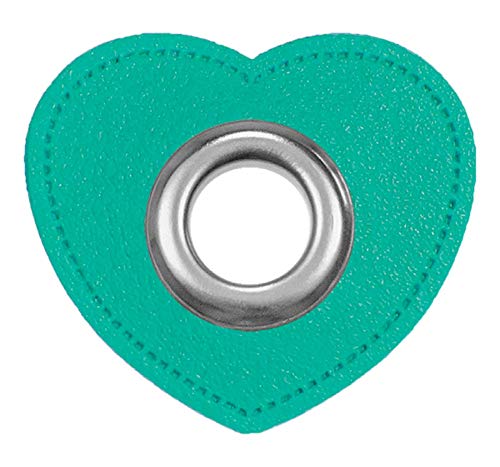 Ösen Patches Herzen – 2 Stück – Lederimitat zum Aufnähen – 5 Farben – für Kordeln, Taschen, Turnbeutel, Kleidung – Patch mit Metallöse – DIY Nähzubehör für Deko & Accessoires (mint) von Patches