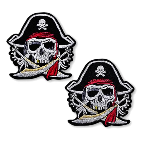Patchicon4u 2 Stück Piratenschädel Skelett Geist Augenklappe Kapitän Gold Kreuz Schwerter roter Turban schwarzer Knochen zum Aufbügeln oder Aufnähen, bestickter Aufnäher für Jeans, Jacken, Kleidung von Patchicon4u
