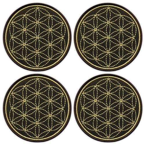 4er-Set – Blume des Lebens – runder schwarzer Hintergrund – zum Aufnähen – bestickter Aufnäher / Abzeichen / Emblem 4er-Set – Blume des Lebens – runder schwarzer Hintergrund – zum Aufnähen – bestickter Aufnäher / Abzeichen / Emblem von Patchion